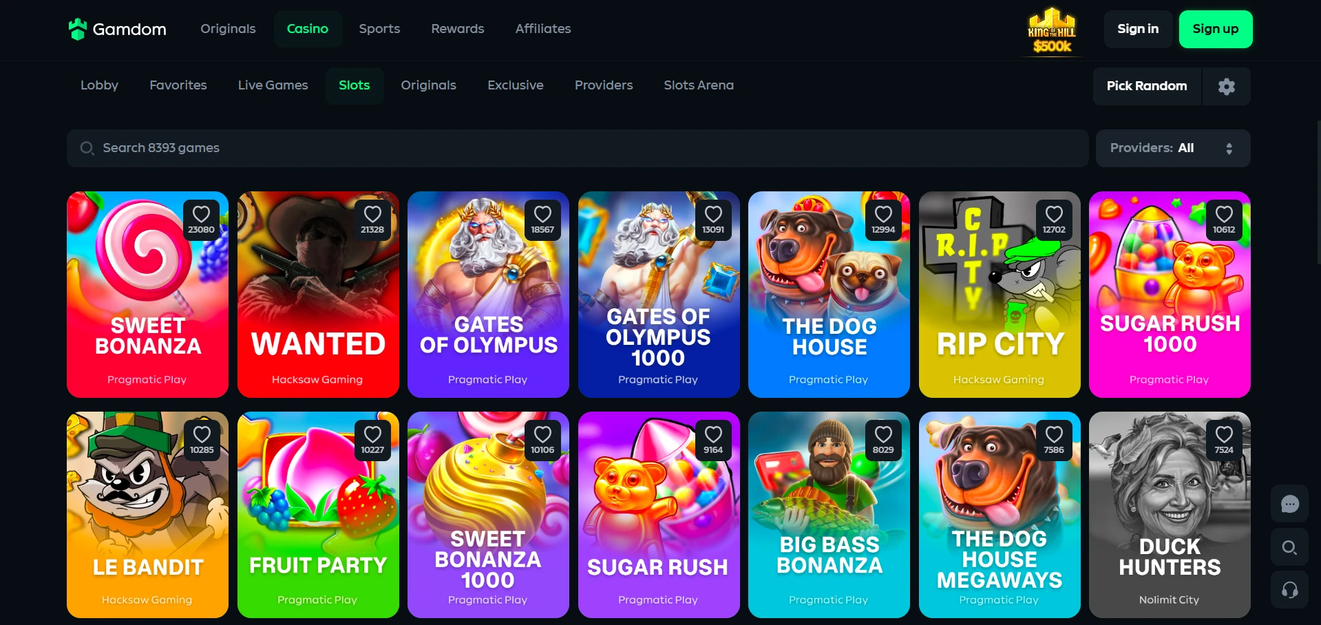 Gamdom games lobby screenshot with game icons
