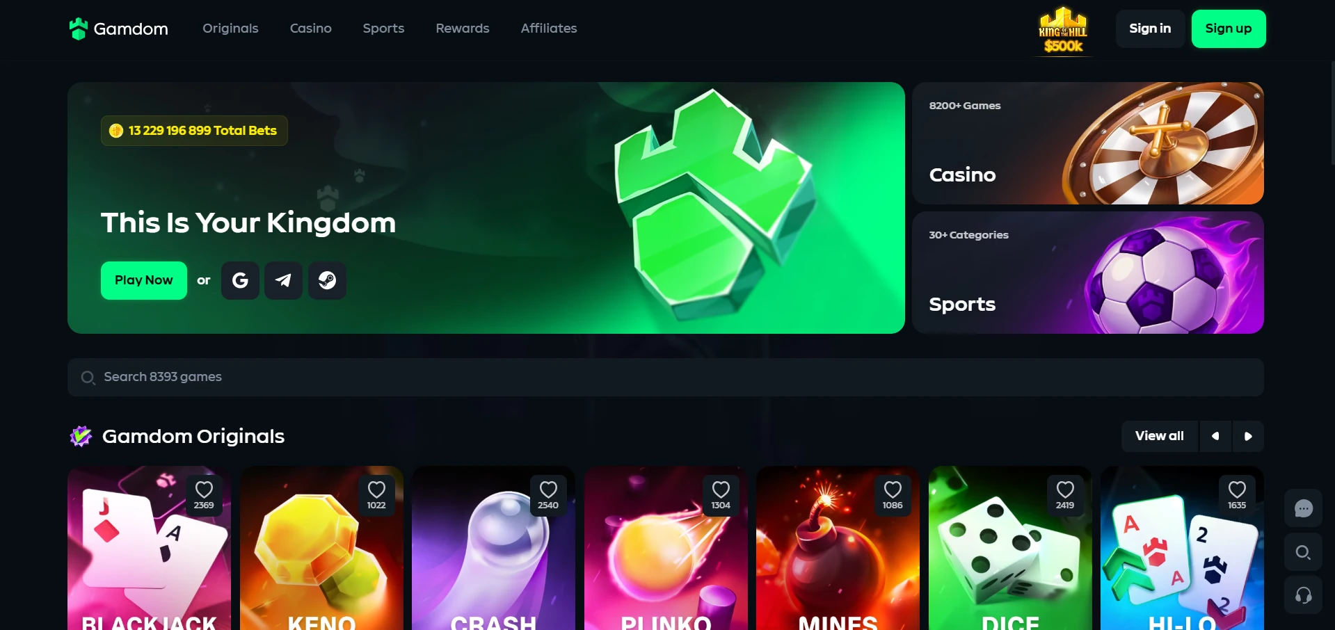 Gamdom homepage screenshot captured for this cashier review